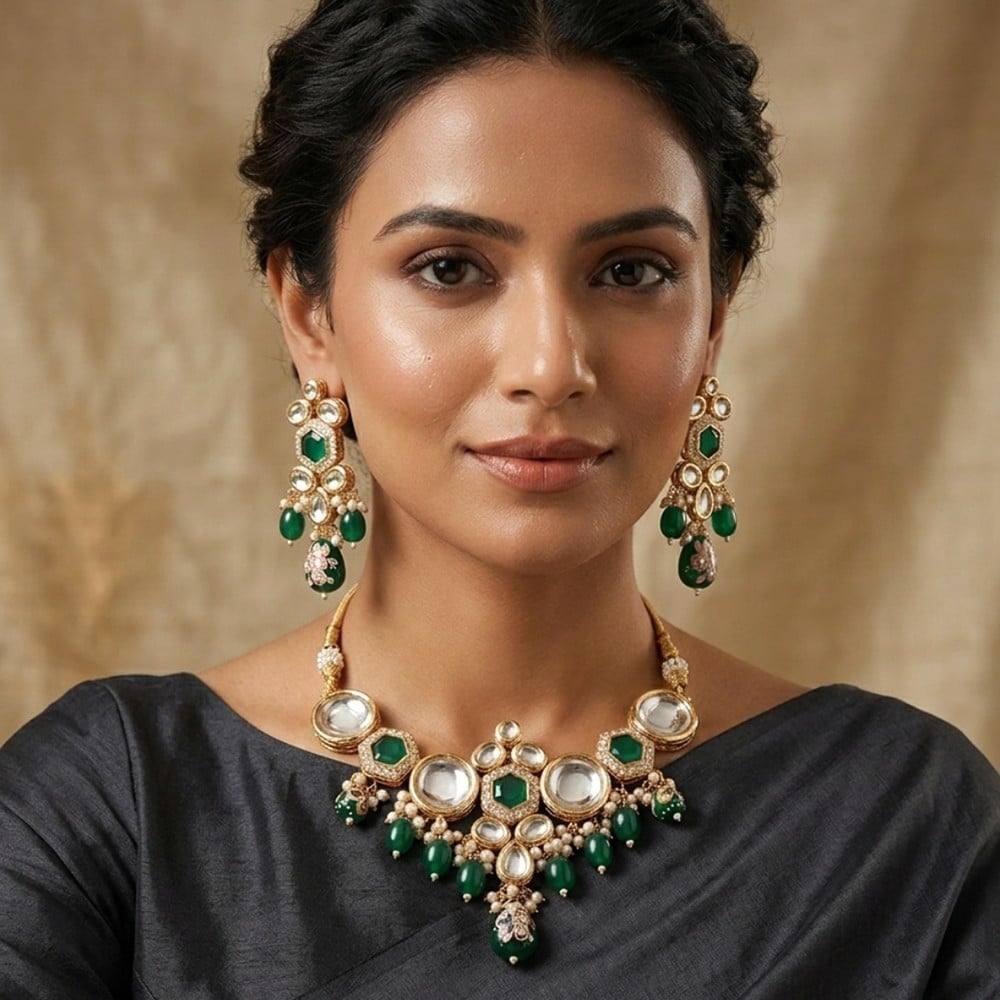 Handcrafted Emerald Elegance Kundan Necklace Set with Pearl Detailing